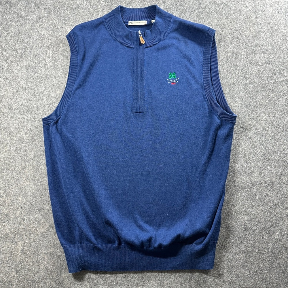 Donald Ross Golf Vest Mens Large Blue Quarter Zip Shamrock Logo Knit‎ Sleeveless